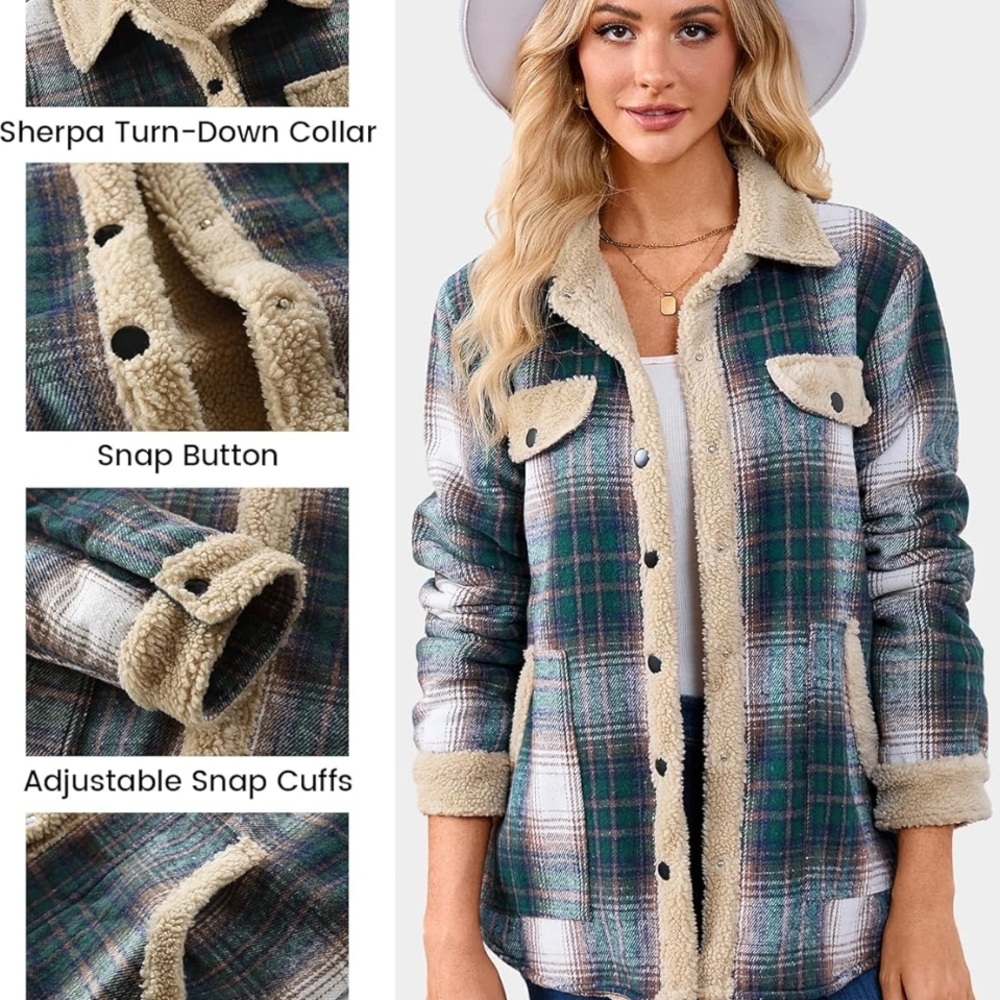 Women’s Sherpa-Lined Plaid Teddy Jacket in Green and Beige